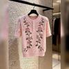 Womens Pink Floral Embroidered Knit Top Pearl Button Hollow Out Short Sleeve Sweater