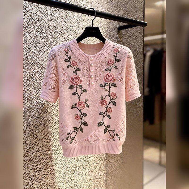 Womens Pink Floral Embroidered Knit Top Pearl Button Hollow Out Short Sleeve Sweater
