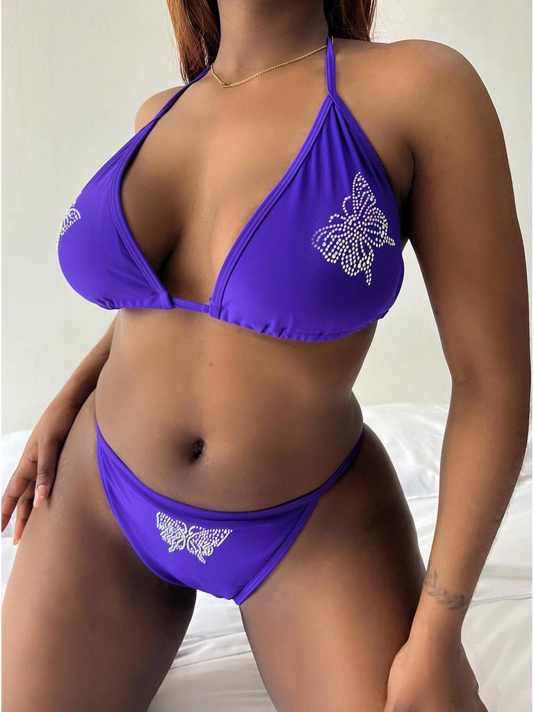 Europäischer & Amerikanischer Übergrößen Strass Schnür-Badeanzug - Einfarbiger Bikini ZY066