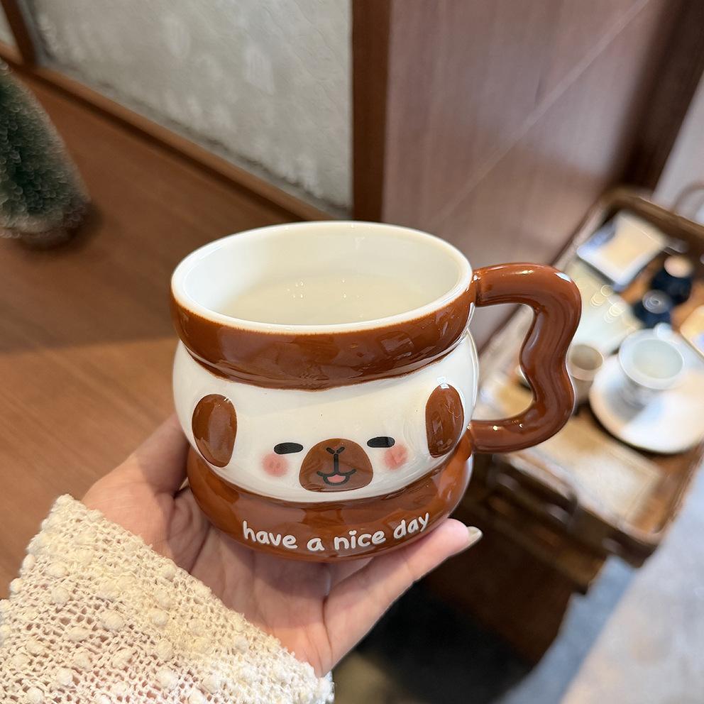Cute Puppy Mug With Lid Spoon Wind Ceramic Cup Couple Water Cup Girls Household Breakfast Cup Children