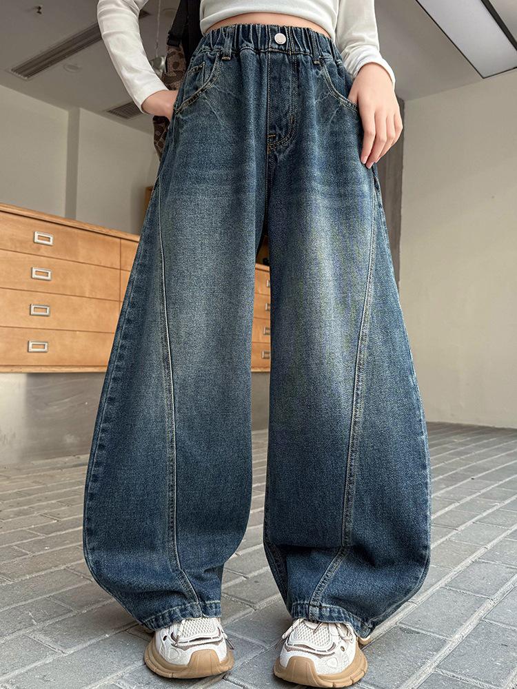 Girls' Trendy Spring/Autumn Wide-Leg Jeans: 2025 Fashionable Scimitar Workwear Pants