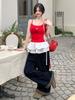 Women's Summer Slim Fit Red Knit Lace Camisole Tank Top, Ballet-Style Embroidered Design, Wearable As Outerwear.
