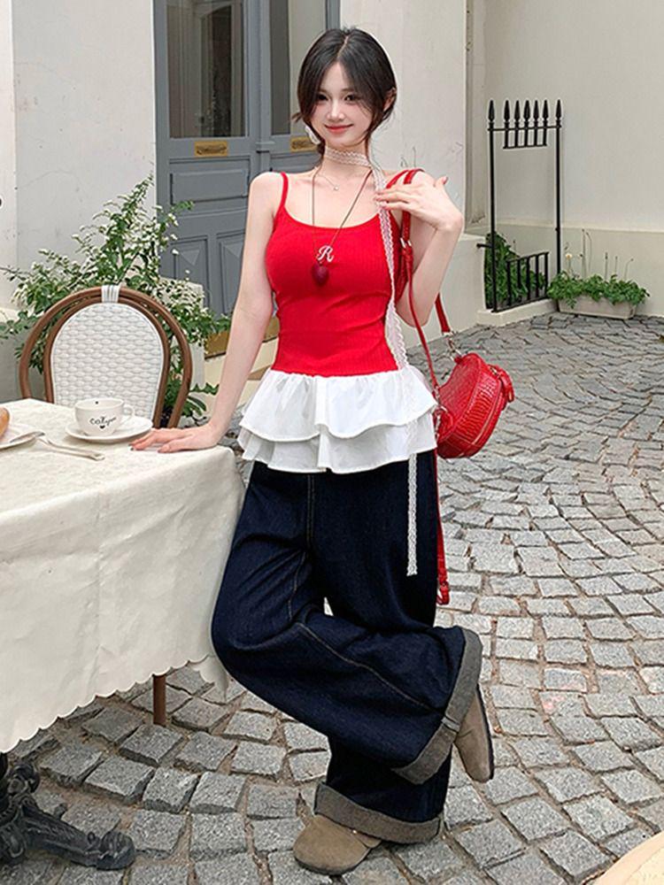 Women's Summer Slim Fit Red Knit Lace Camisole Tank Top, Ballet-Style Embroidered Design, Wearable As Outerwear.