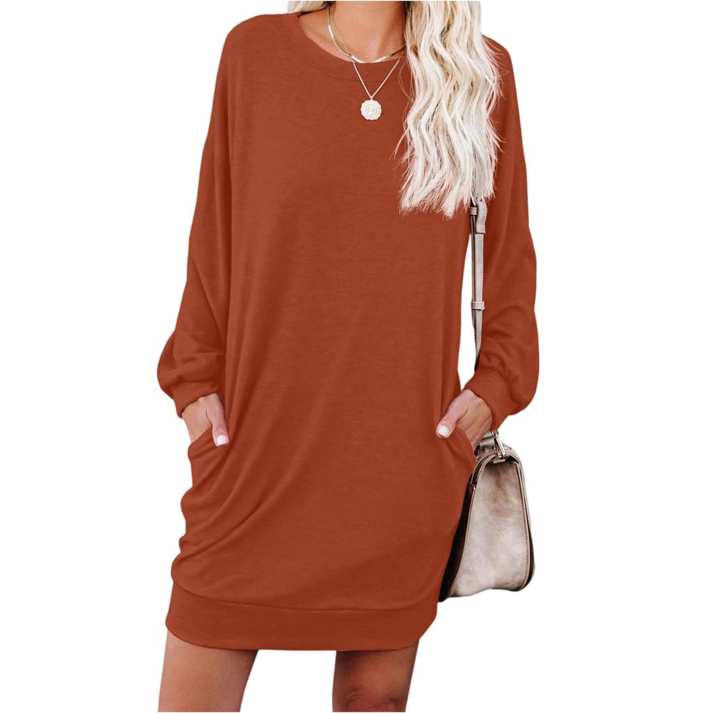 Women's Fashionable Long-sleeved Solid-color Round-neck Pocket Dress