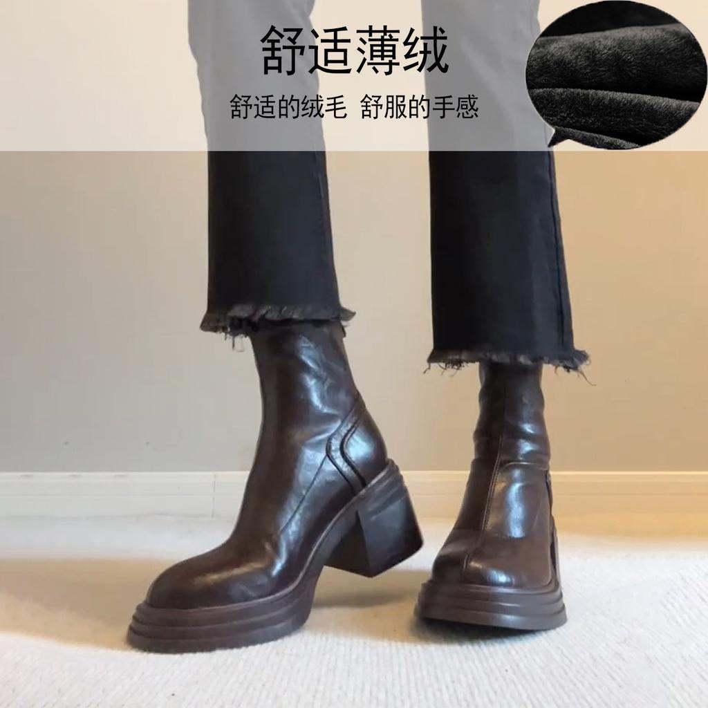 Cowhide version~ retro leather short boots thick-soled heightening Martin boots women's simple rear zipper thick heel retro thin boots