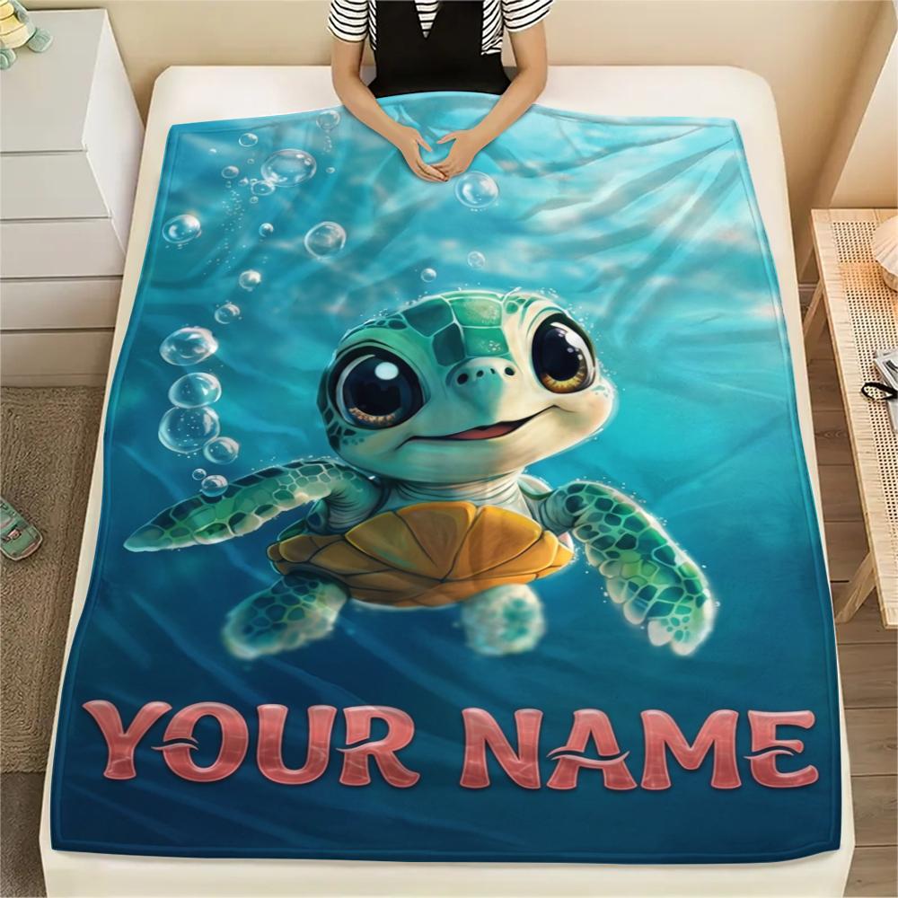 1PC Custom Name Ocean Adventure Turtle Patterned Flannel Blanket Suitable For All Seasons for Home Decor Warmth and Comfort Gifts Holiday Present_lx