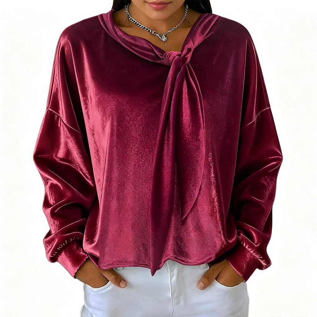Women's Long Sleeve V Neck Tie Front Top, Casual Blouse for Work and Everyday Wear