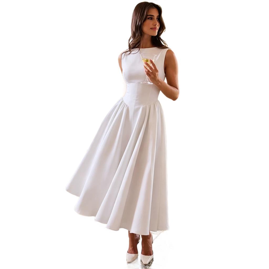 Europäisches und amerikanisches Damenkleid sexy Netz weiß Rundhalsausschnitt Hochzeitsbankett Partykleid