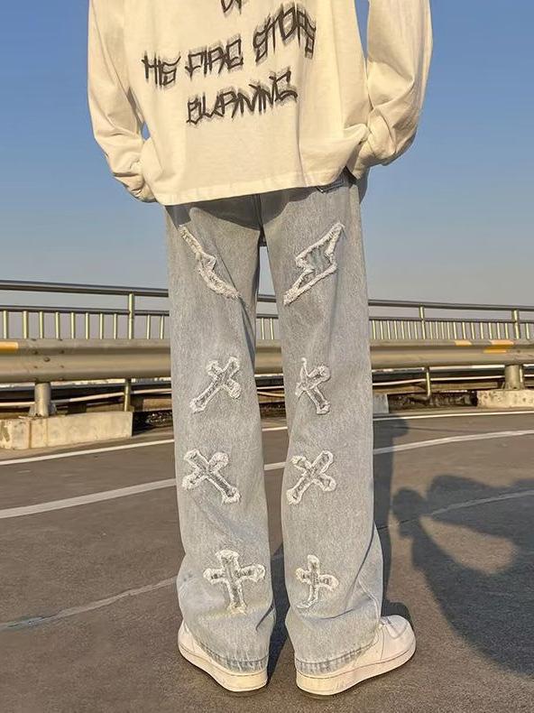 Herren Trendy Patchwork Denim Jeans - Hip Hop Ausgefranste Kante, Gerade, Locker Geschnitten Lässige Hosen