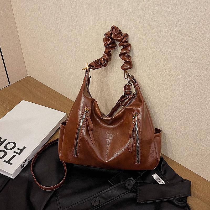 Crossbody Bag Women's Large-capacity Oil Wax Leather Shoulder Bag Women's Double Zipper Handbag Women's Office Bag Commuting