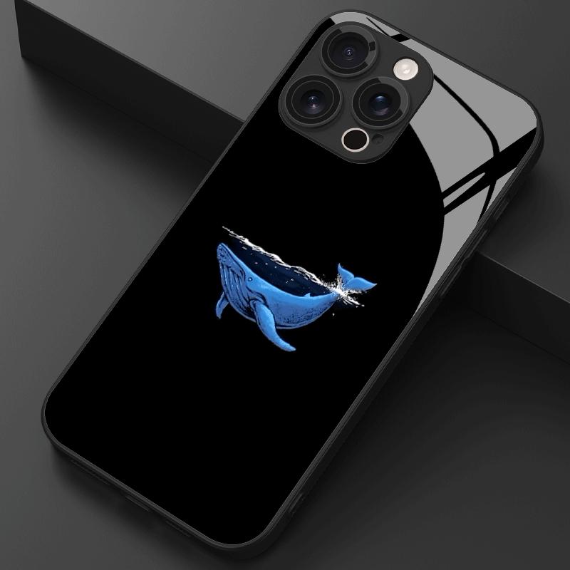 Whale Shadow Pattern Tempered Glass Phone Case Suitable for iPhone 17 16 15 14 13 12 11 Pro/Max/Plus Anti Drop and Anti Shock