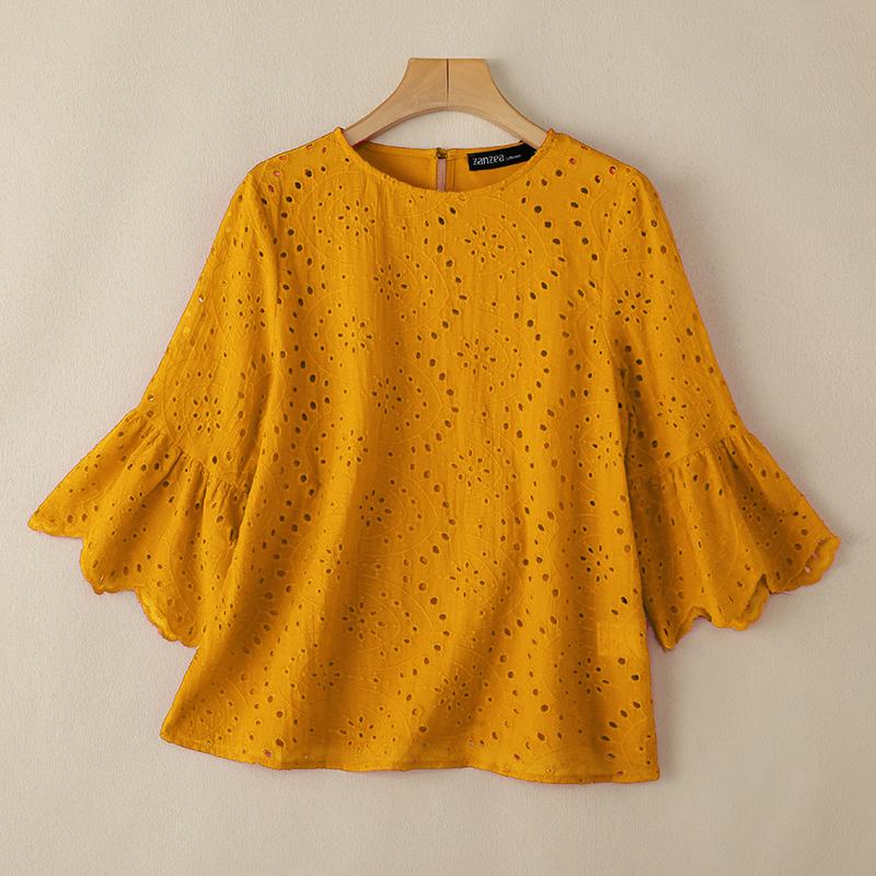 ZANZEA Women Casual O-neck Hollow Out Lace Patchwork 3/4 Sleeve Blouse