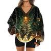 Women's Fashionable V-neck Christmas Printed Long Sleeved Casual Pullover Plush Warm Sweatshirt Top
