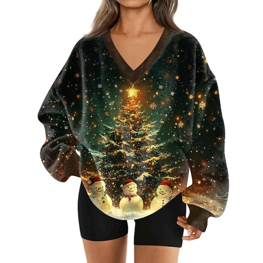 Women's Fashionable V-neck Christmas Printed Long Sleeved Casual Pullover Plush Warm Sweatshirt Top