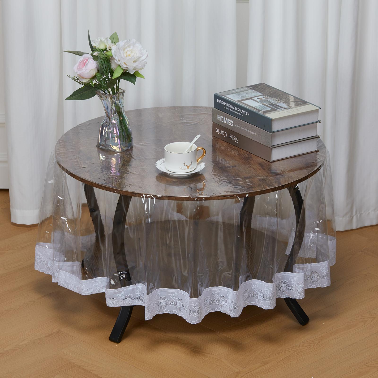 

150cm Transparent PVC Round Tablecloth with Lace Edge Oil Proof Tabletop Cover Type A