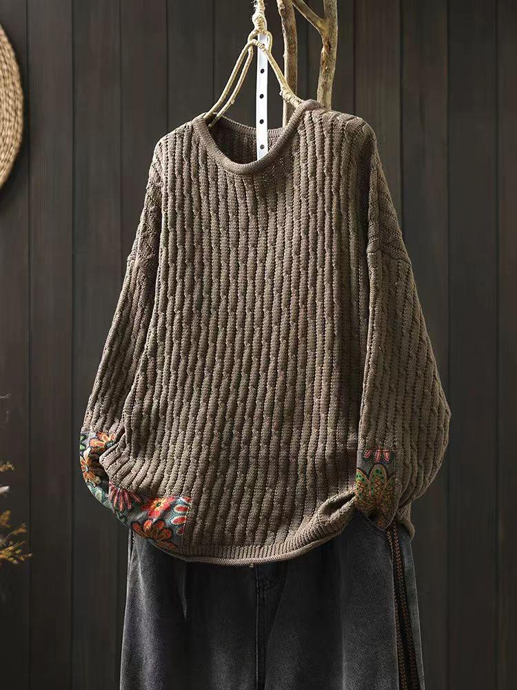 

Johnature Женский Зимний Винтажный Нашивки O-образный вырез Свободный свитер Ниша Повседневный Длинные рукава Китайский Стиль Свитер One Size темные хаки