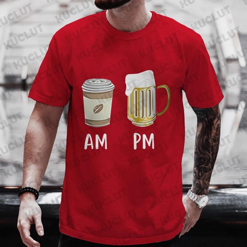 Coffee AM Beer PM Graphic T Shirt for Men Summer Short Sleeve Tees Beer Lover Drinking Party Oversized Y2k Clothes Streetwear