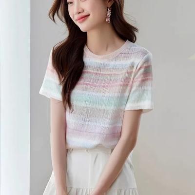 Women's Pastel Rainbow Striped T-Shirt Casual Crew Neck Short-Sleeve Slim Fit Knit Top