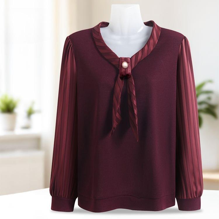 Spring and Summer Women s V-neck Knit Patchwork Blouse Loose Long-sleeve Knit Pullover Top 2XL