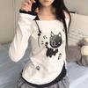 T-shirt da Donna Kawaii Juminocore Gatto Bianco Pois Scollo a Barca Manica Lunga Stile Giapponese Slim Finto Due Pezzi