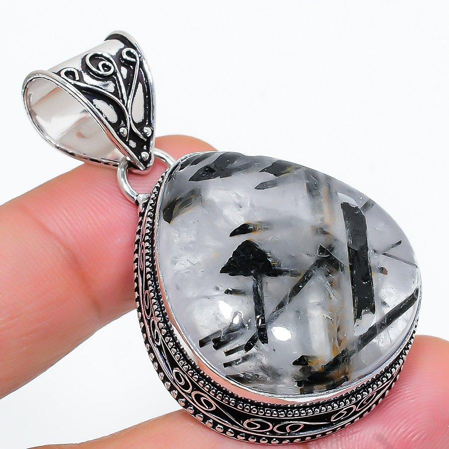 

Vintage Black Rutile Gemstone Handmade Ethnic Jewelry Pendant 1.97 VR-2153