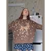 Suéter de Punto Redondo Retro con Patrón de Ciervo y Puntos para Mujer Marrón Manga Larga Holgado Chic Otoño Invierno Lady Diario Calle Ropa Exterior