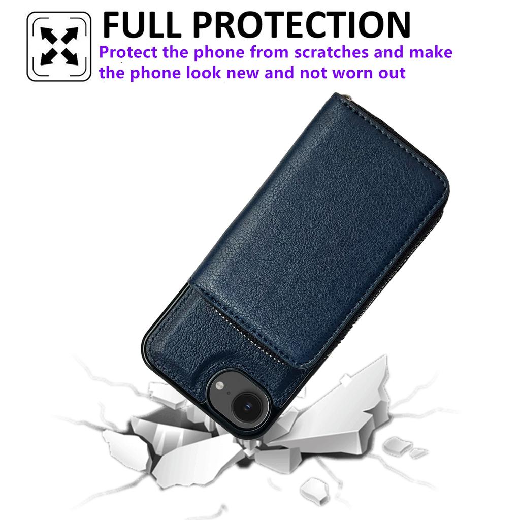 For iPhone 16e Case Detachable Zipper Card Bag PU TPU Kickstand Phone Case with Strap