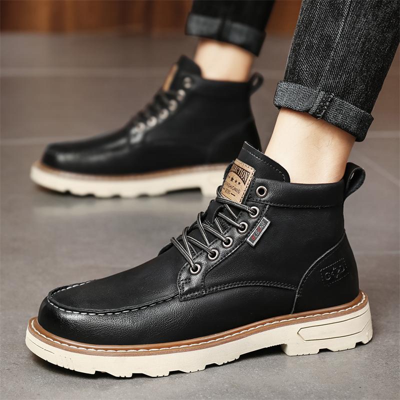 Fashion 2025 Mens Thick Bottom Boots Leather Fashion Non-Slip Motorcycle Ankle Boots British Style Comfortable Versatile Business Shoes