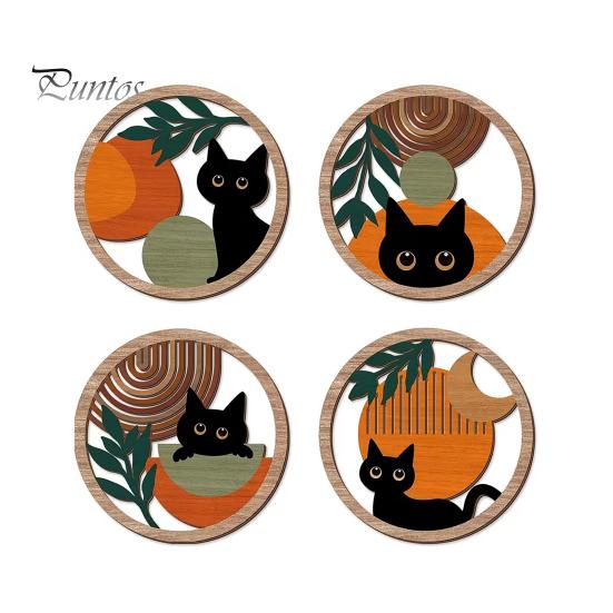 Cat Theme Wall Sign 4Pcs Black Decor Set, Boho Cartoon Hanging Art, Art Set Farmhouse Rustic Wooden Plants for Bedroom Living Room Office