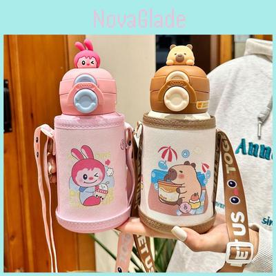Capybara Kids Insulated Water Bottle With Straw And Carry Rope For School And Travel