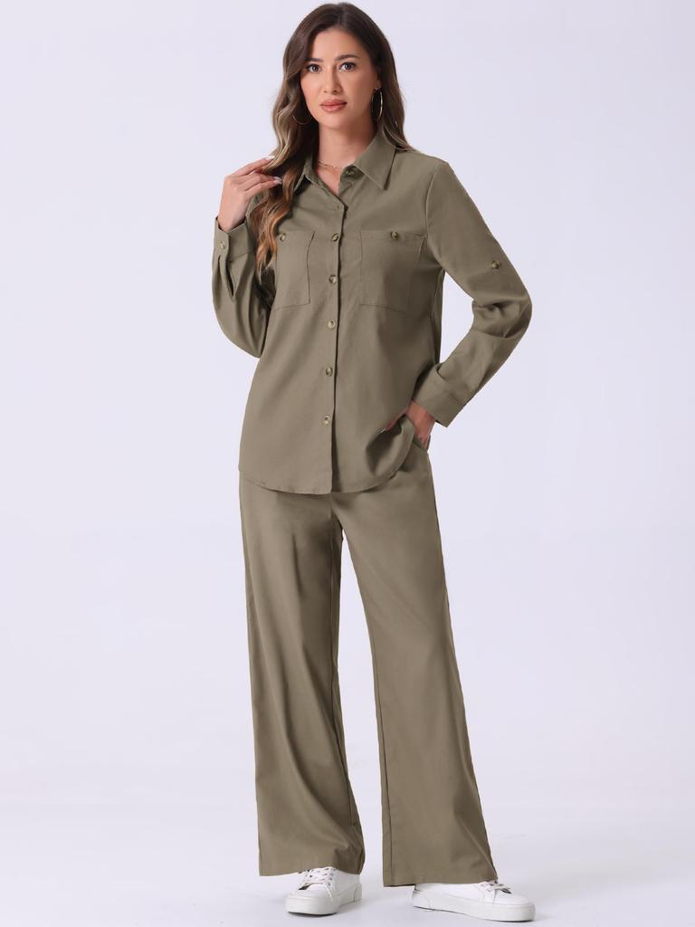 Allegra K Women's 2-Piece Linen Set: Button-Down Shirt and Drawstring Wide-Leg Pants, Gray-Green, Size L