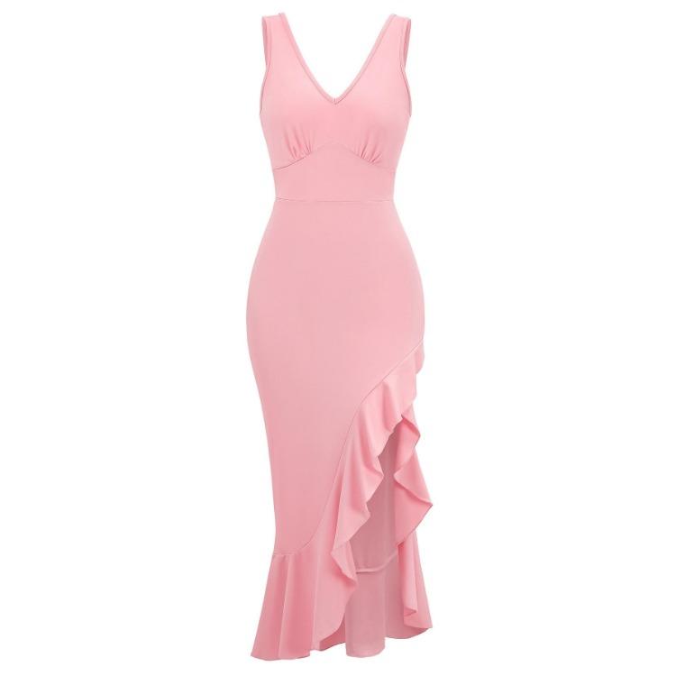 Women Summer Casual V-Neck Sleeveless Dress Solid Color A-Line High Waist Ruffle Hem Irregular Long Dresses Spring Fashion S-XL