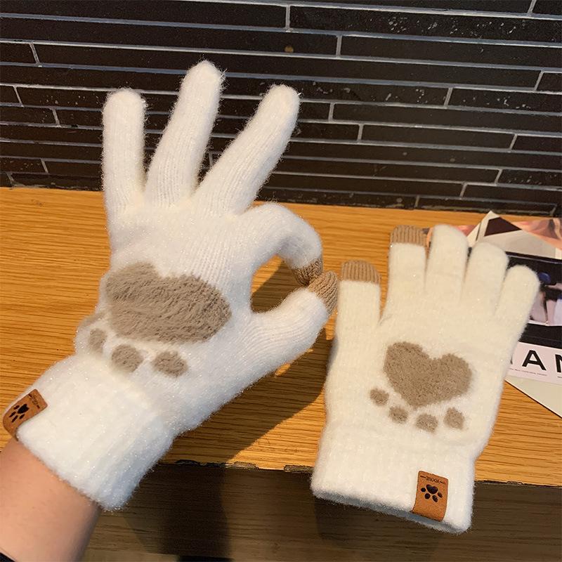 Cute Plush Gloves for Girls in Winter  Thickened and Warm Touch Screen Knitted Wool for Cycling To Keep Warm  Referring To Students in Winter