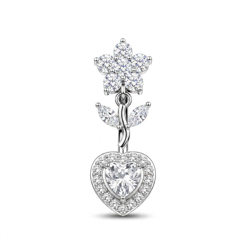 Hypoallergenic Navel Ring Shiny Cubic Zirconia Flower Design Durable Stainless Steel Belly Button Piercing for Women Gifts