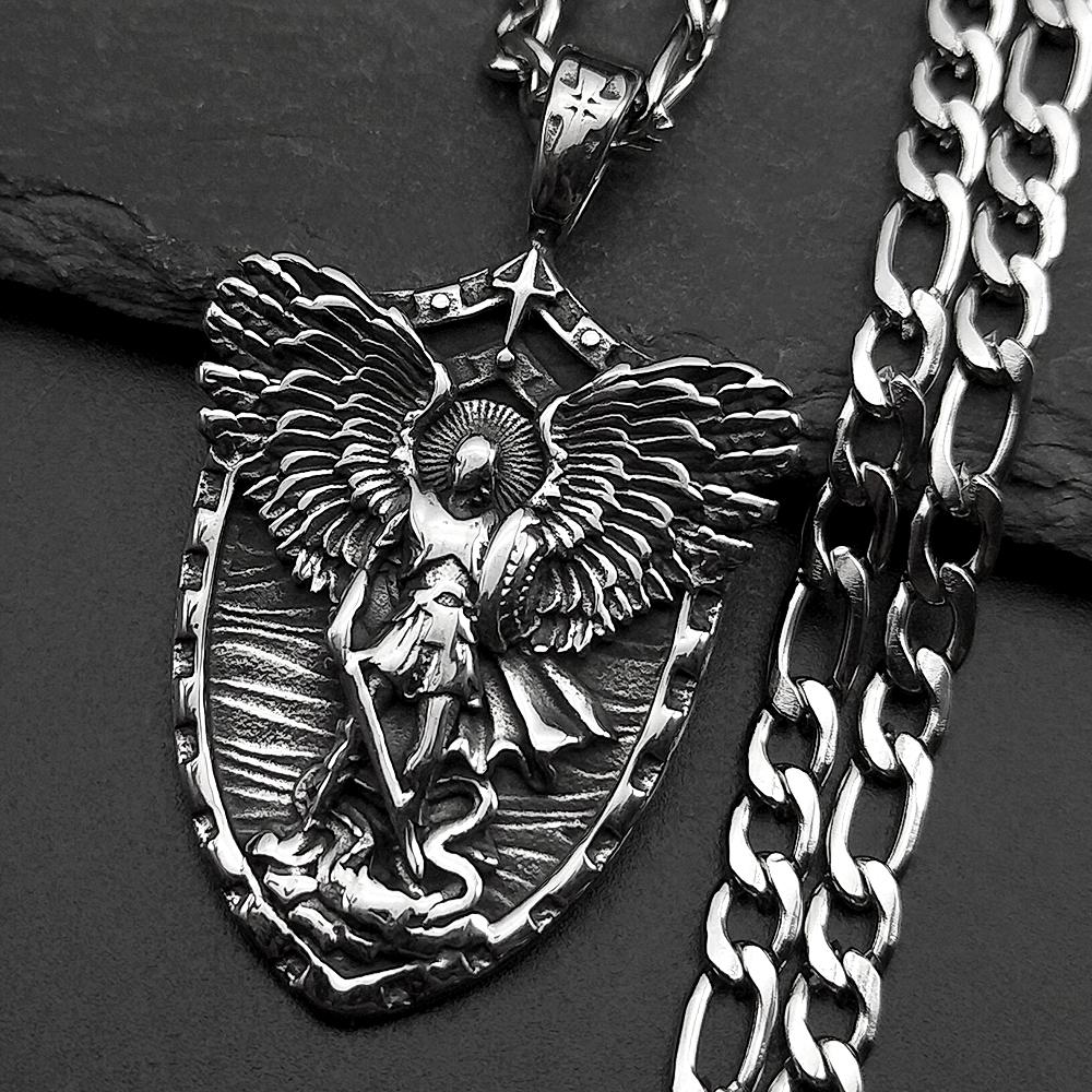 Vintage Saint Michael Archangel Pendant Necklace for Women Men Stainless Steel Silver Color Knight Shield Chain Amulet Jewelry