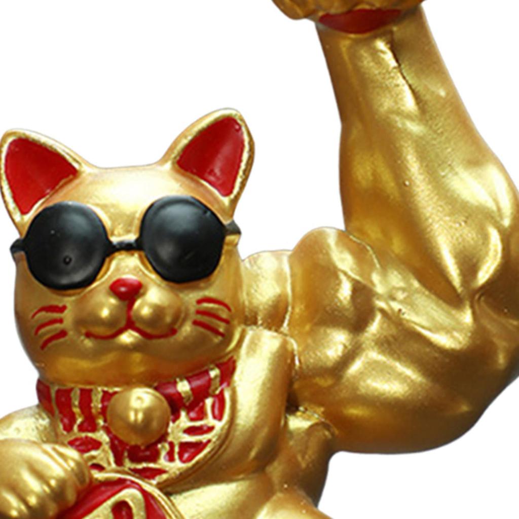 Lucky Cat Figurine Big Muscle Arm Feng Shui Decoration Tabletop Resin Sculpture Statue Ornament for Counter Store Display
