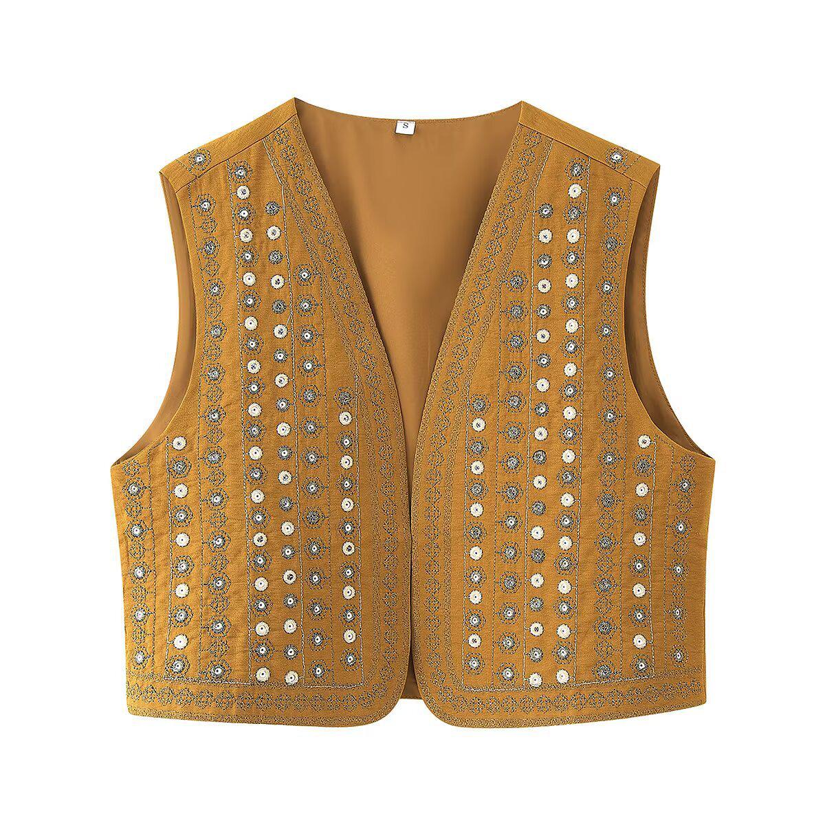 

2025 Spring/Summer Women s Slim V-Neck Sequin Embroidered Vest Small коричневый