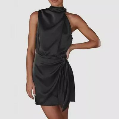 2024 Spring Women's Sleeveless Satin Cocktail Dress with Tie Waist