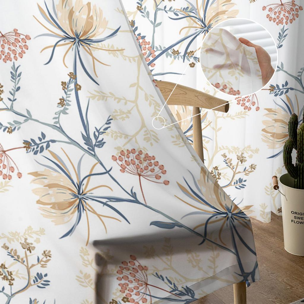 Snow Lotus Branches Leaves Flower Plant Sheer Curtains for Living Room Tulle for Windows Voile Yarn Short Bedroom Curtains
