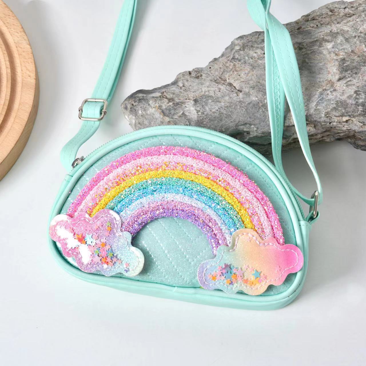 

Детская сумка принцессы 2024 года, стильный кошелек для монет в радужном стиле для девочек и малышей, модная сумка через плечо зелёный