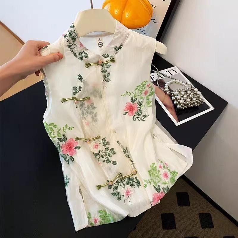 

Женский летний тонкий жилет с вышивкой, на дисковых пуговицах, со стоячим воротником, без рукавов, рубашка, жилет высокого класса 3XL [recommended 138-75 kg]