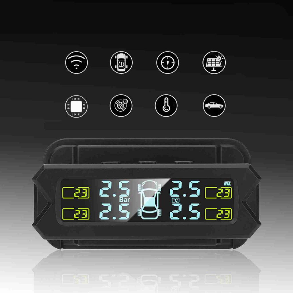 Solar-powered tire pressure monitoring system with automatic backlit LCD screen. (Automotive parts)