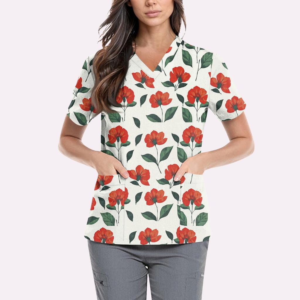 Women's Cute Printed Work Clothes V-neck Double Layer Pockets Basic Short Sleeve Top Pullover Valentines