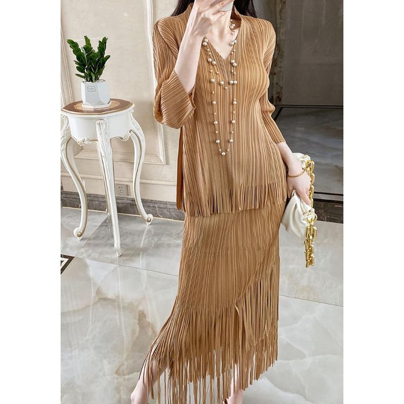 2025 Elegant Miyake Sleeveless Top & Pleated Tassel Midi Skirt Set for Women