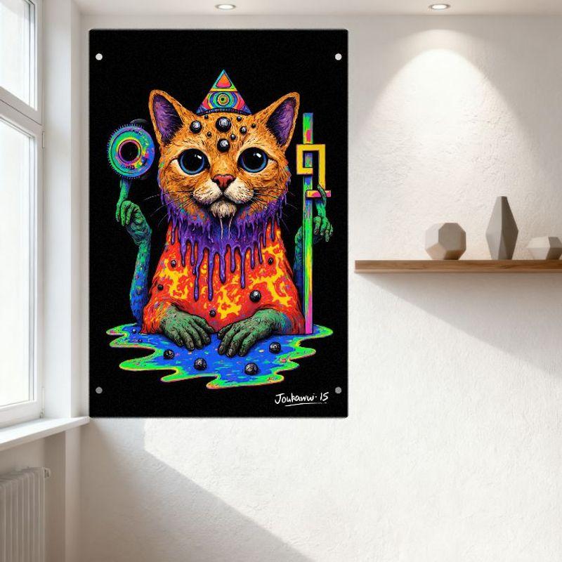 Surreal Psychedelic Cat Tin Sign Metal Wall Decor, Orange Triangular Head Cat with Blue Eyes, Purple Slime Drip, Colorful Hat, G