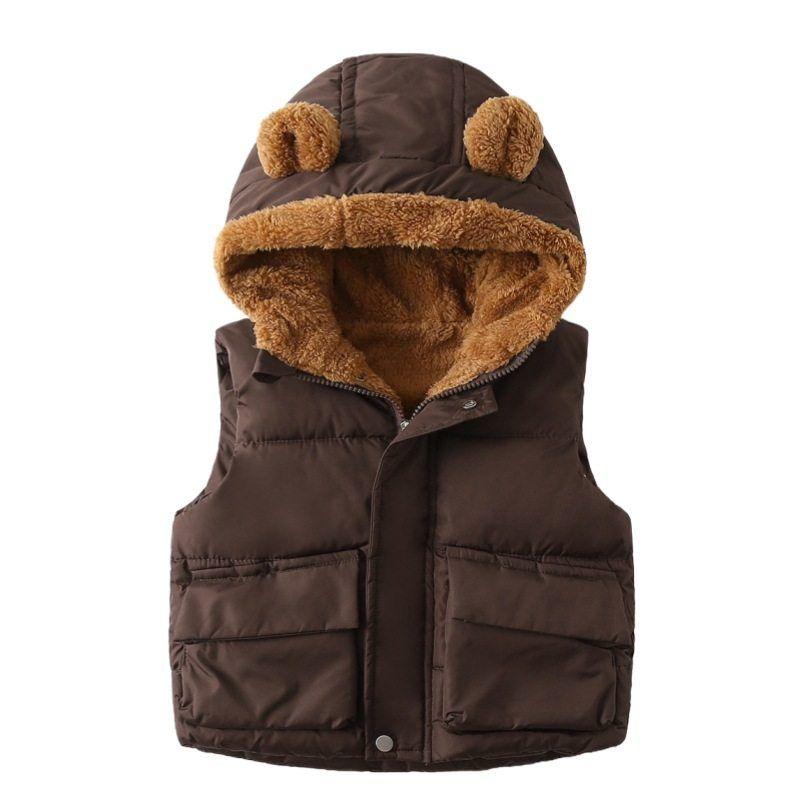 Thickened Cotton Coat for Boys and Girls, Winter Hooded Solid Color Fleece Vest, Cartoon Children's Clothing, Baby Cotton Jacket with Zipper