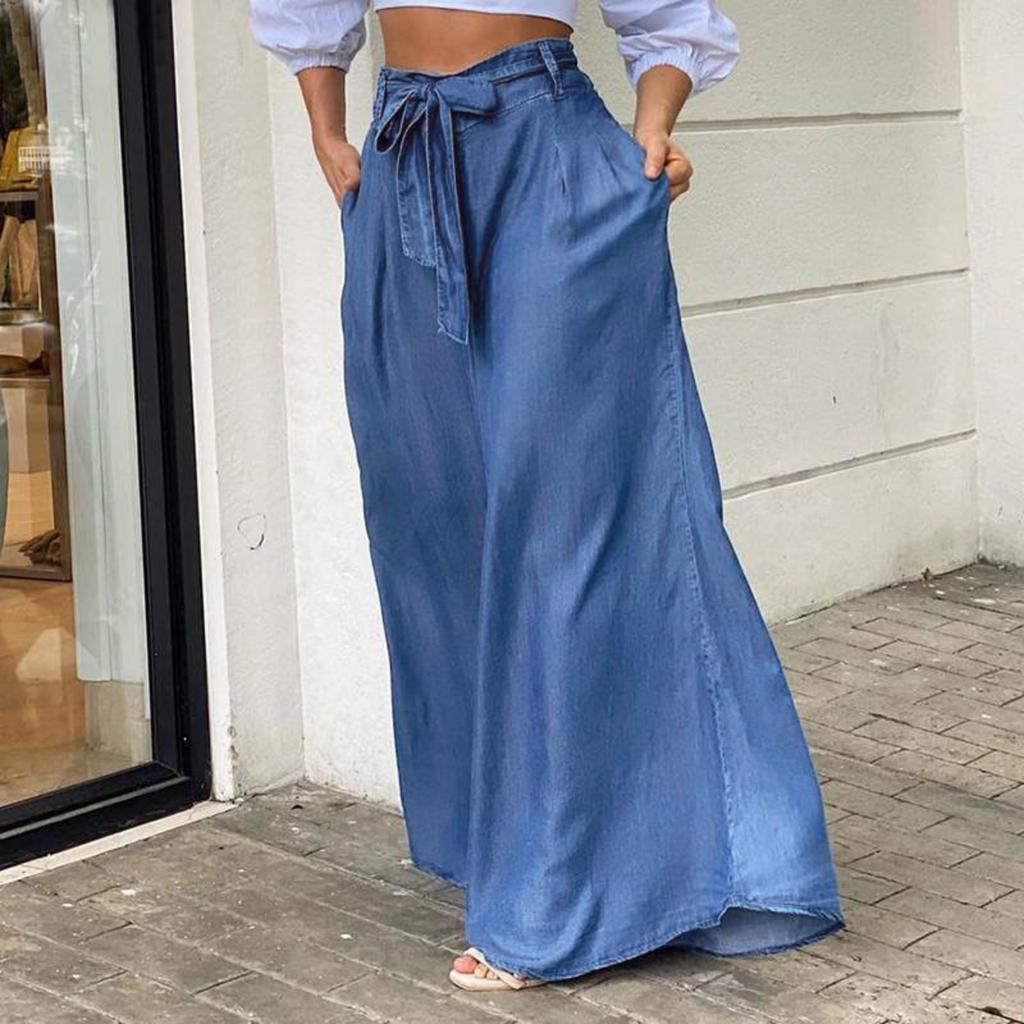 Elegant Lace-up High-waist Wide-leg Pants Casual Denim Trousers