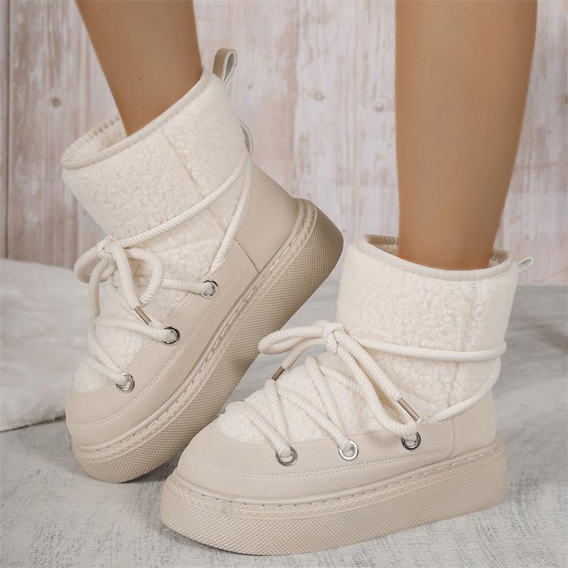 Fashion Women's Plush Thick Soled Snow Boots 2025 Winter New Style Lace Up Retro Plush Warm Casual Cotton Boots