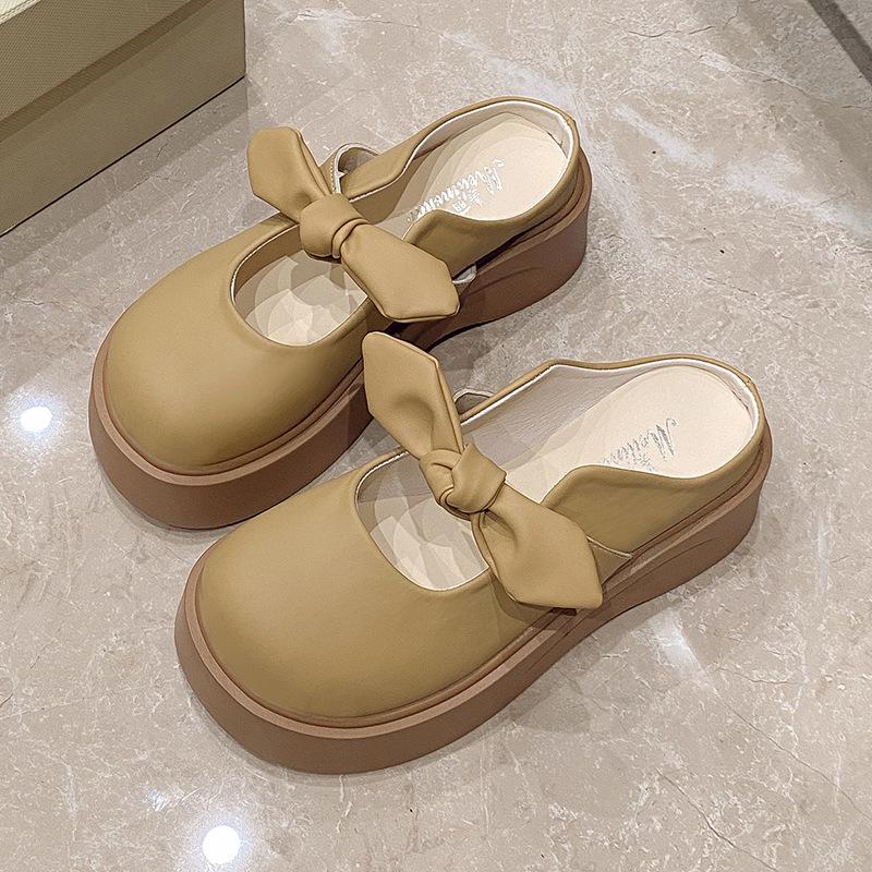 

Женские слипоны с бантом на толстой подошве, полушлепанцы - Весна/Лето 2025, Мэри Джейн, сандалии с закрытым носком Size 39 хаки