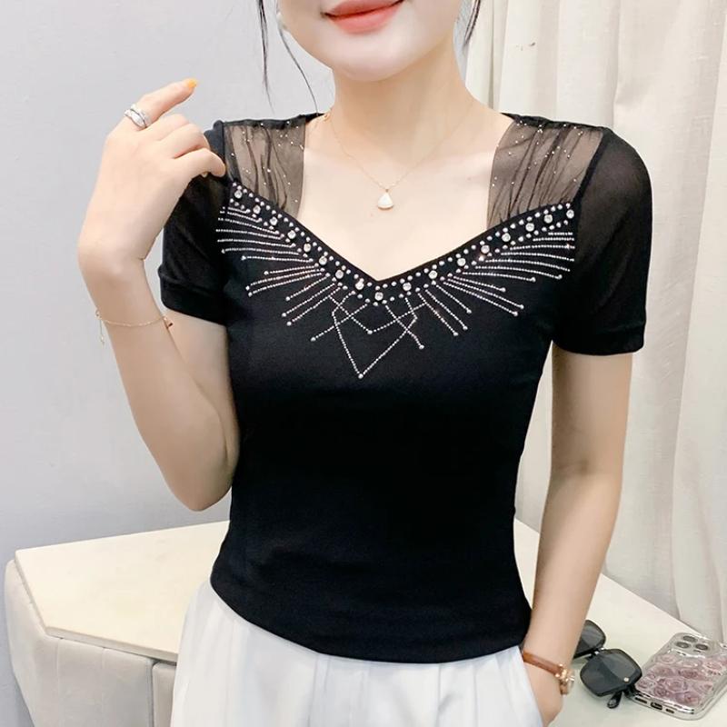 New European Sweet Women's Clothes T-shirt Chic Shiny Hot Diamonds Mesh Tees Sexy Square Neck Short Sleeve Female Summer Tops